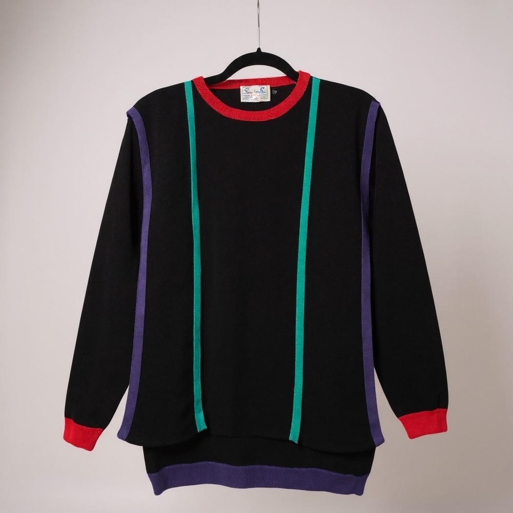 Sweater Bee Black Purple Green Red Trim Long Sleeve Knit Sweater Size S